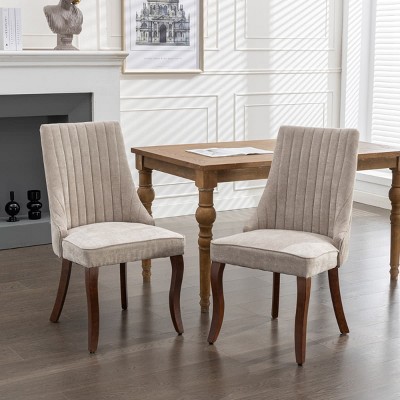 Set of 2 High Back Dining Chairs,Comfy Upholstered Seating with Triple Support System,Curved Solid Wood Legs,Beige Fabric Accent Chairs-The Pop Home