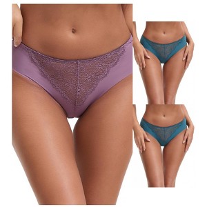 INSPIRE CHIC Women's Mid Waisted Briefs Smooth Silky Panties Soft Lace Breathable Underpants 3 Packs - 1 of 4