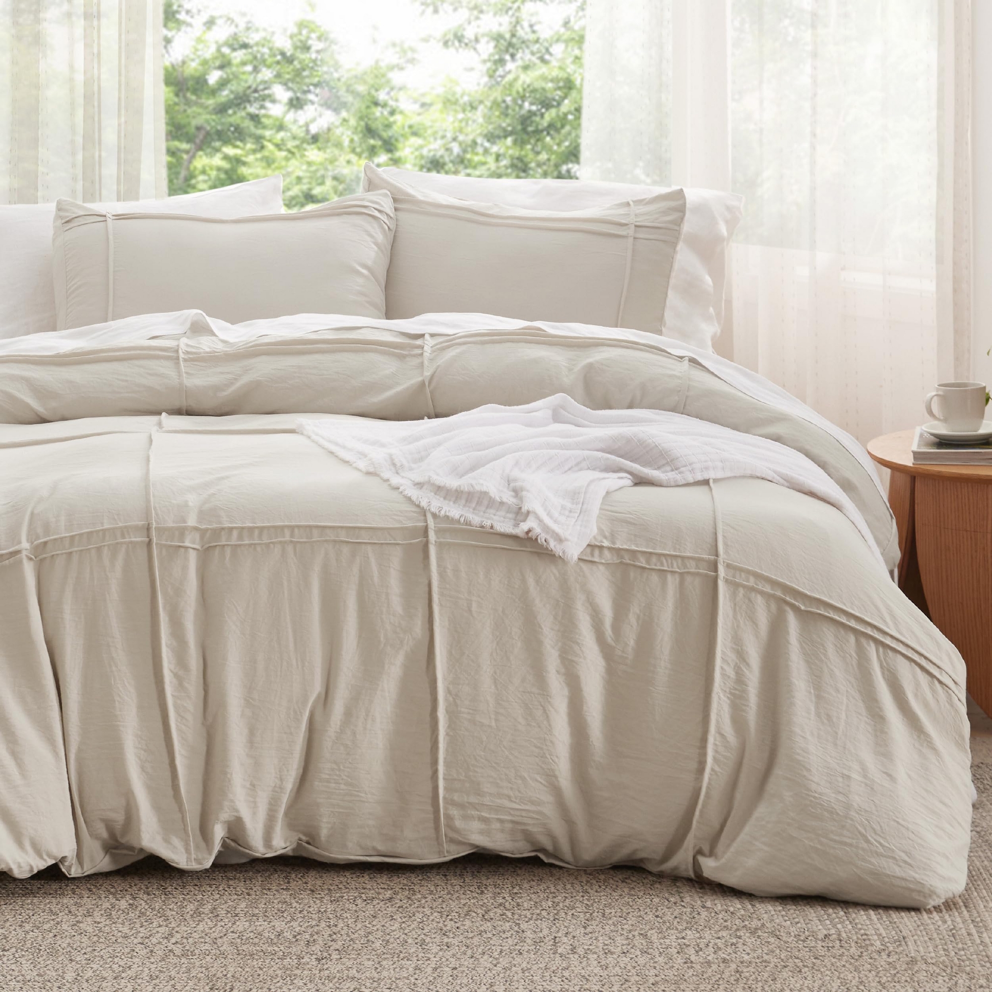 Bedsure Light Beige Grid Queen Size 3 Piece Striped Boho Duvet Cover Set Tufted Bedding OEKO TEX Certified Valentine’s Day Gift