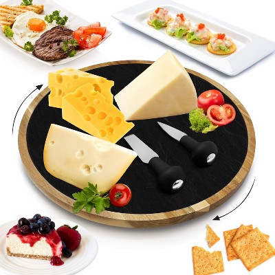 NutriChef Lazy Susan Cheese Board Tray - Rotating Slate & Wood Serving Platter Set with Knives