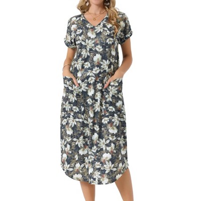INSPIRE CHIC Women's Floral V Neck Rolled Short Sleeve with Pockets Casual Midi Dress