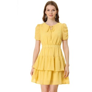 Allegra K Women's Swiss Dots Ruched Short Sleeve Elastic Waist Layer Ruffle Hem Dress - 1 of 4