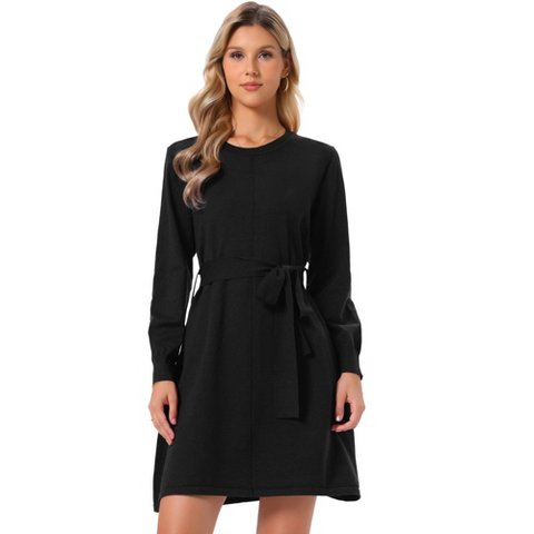 Женские платья INSPIRE CHIC Women's Knitted Round Neck Long Sleeve Ribbed Casual Midi Belt Dress Medium Black