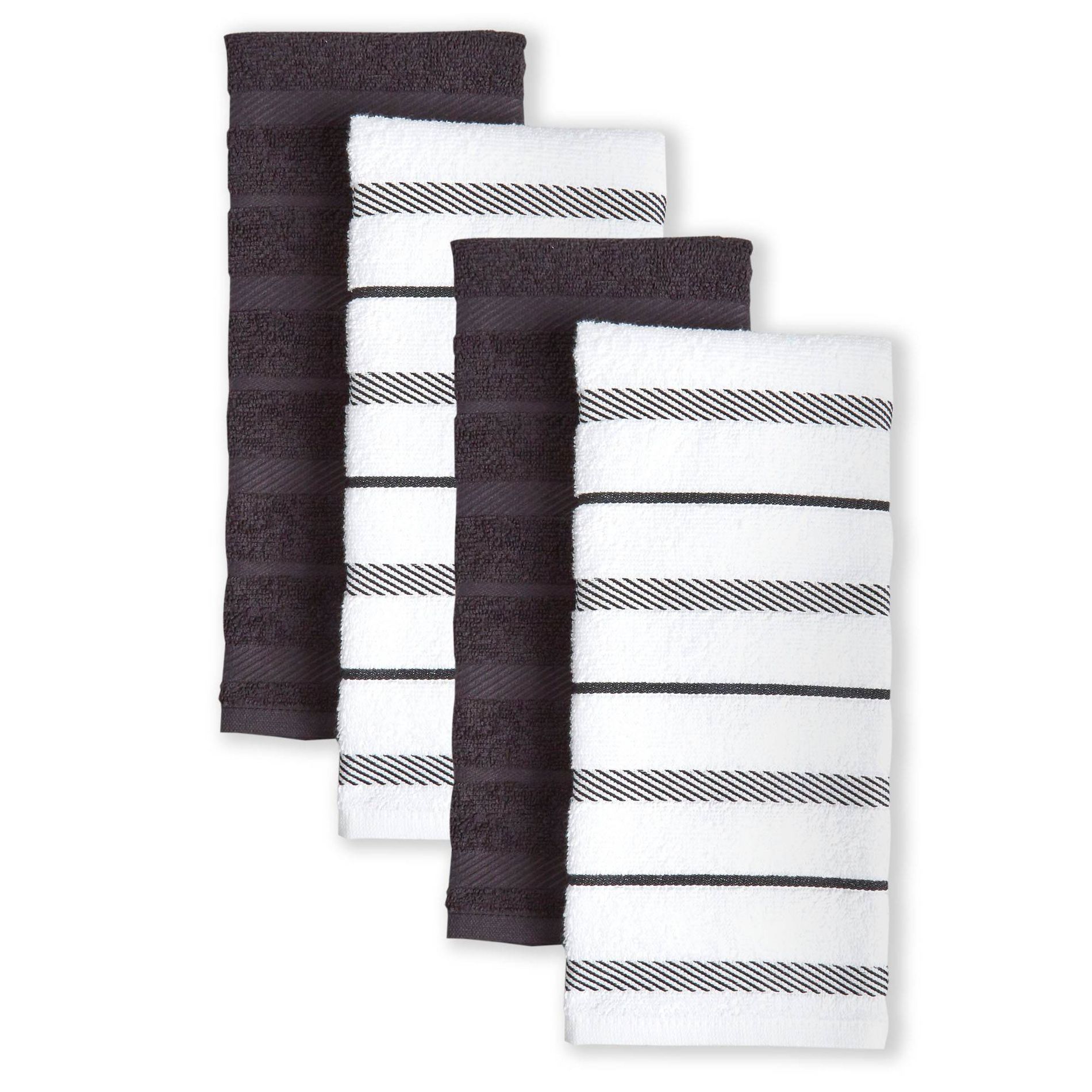 KitchenAid 4pk Cotton Albany Kitchen Towels Black: Dish & Hand Towels Set, Solid & Stripe Pattern, 26"x16"