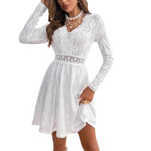 Women's Lace Long Sleeve Mini Dress V Neck Eyelet Embroidery Casual Party Dress - 1 of 4