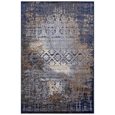 Modway Kalene Distressed Vintage Turkish 5X8 Area Rug - Blue/Rust/Cream,  Stain Resistant / Easy To Clean ,  Protect Floors From Traffic/Furniture
