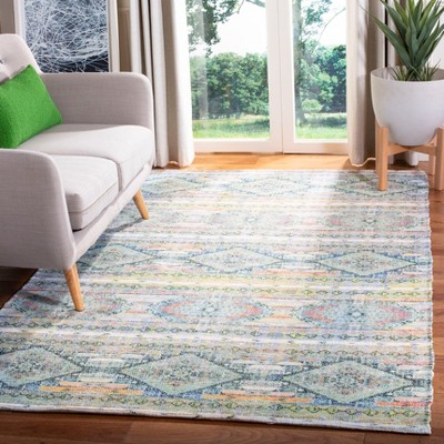 Handmade Blue Wool and Cotton Flat Woven Rectangular Rug