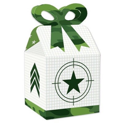 Big Dot of Happiness Camo Hero - Square Favor Gift Boxes - Army Military Camouflage Party Bow Boxes - Set of 12