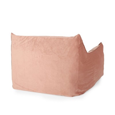 Back/side angle of peach velvet bean bag chair