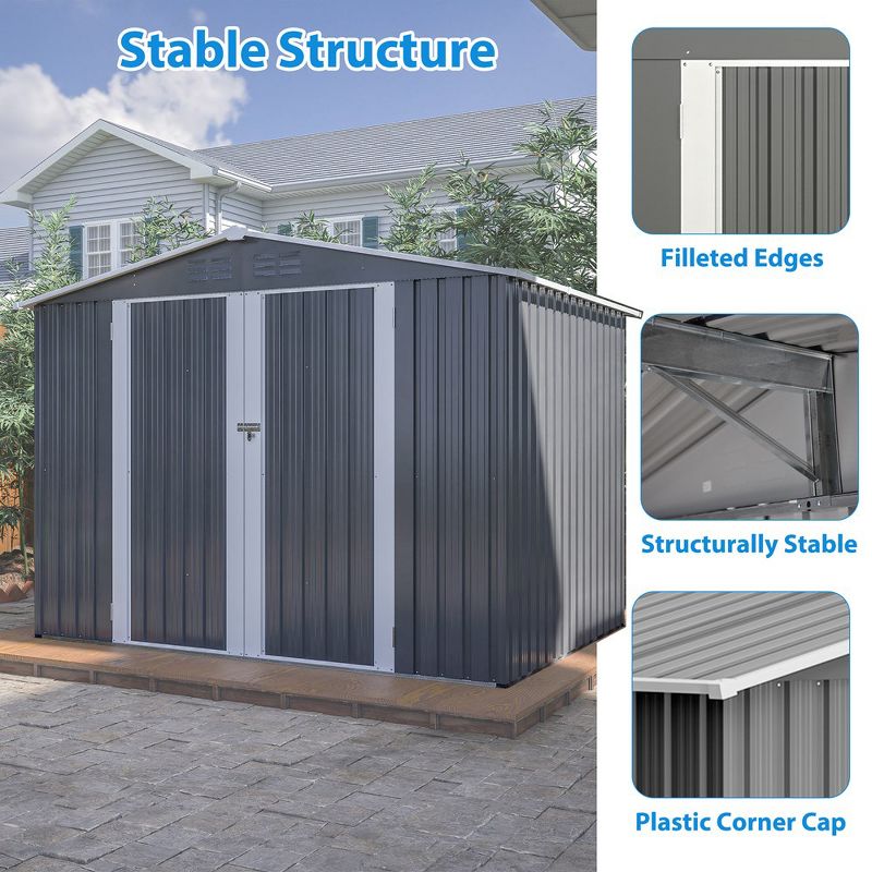 8x6FT Garden Storage Shed With Ventilation Holes, UV-resistant Galvanized Steel Construction All Weather Tool Sheds With Lockable Doors, 3 of 6
