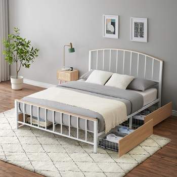 Trinity Queen Size Platform Bed Frame with 4 Storage Drawers, Mattress Foundation with Headboard & Footboard, Oak Color