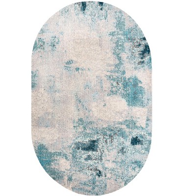 Cream and Blue Abstract Oval Synthetic Area Rug