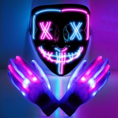 Garvee [1PACK] Mask skeleton Gloves Set ,Light Up Scary Mask Purge Mask with Glow Gloves (Pink + IceBlue)