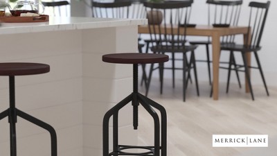 Sleek 30'' Adjustable Black Metal and Wood Swivel Bar Stool
