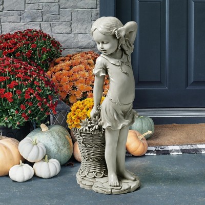 Off-White Resin Flower Girl Garden Statue with Wicker Planter