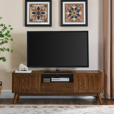 SKRAN Mid Century Modern Fluted TV Stand for 65 inch TV,Farmhouse Wood Console with Storage for Living Room,2 Door & 1 Drawer & Solid Wood Leg,Walnut