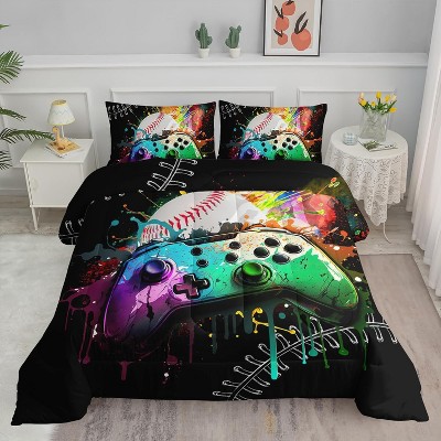 Boersma Boys Gaming Comforter Set – Gamepad & Controller Bedding, White Baseball Print Quilt with 2 Pillowcases, Gamer Home Décor for Kids & Teens