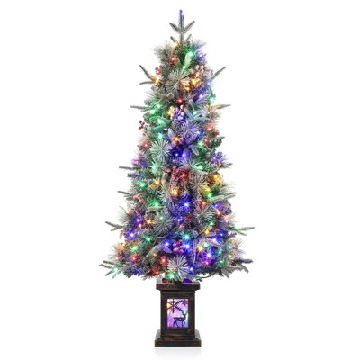 3/4.5 ft Pre-Lit Potted Flocked Christmas Tree, Artificial Christmas Tree with 78 Warm White Led Lights