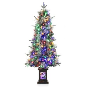 3/4.5 ft Pre-Lit Potted Flocked Christmas Tree, Artificial Christmas Tree with 78 Warm White Led Lights - 1 of 4