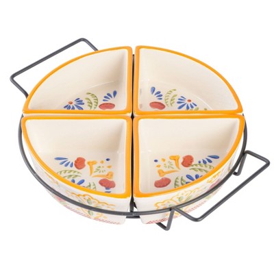 Laurie Gates Tierra Hand Painted Stoneware 4-Section Tidbit Dish with Metal Rack