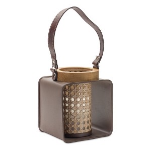 HomeRoots 7" Natural And Brown Distressed Lattice Iron And Wood Tabletop Lantern Candle Holder - 1 of 4