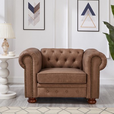 Elegant Chesterfield Technical Leather Sofa, Tufted 3-Seater/2-Seater/1-Seater Couch with Nailhead Trim and Rolled Arms – ModernLuxe