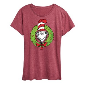 Women's The Cat in the Hat Cat Wreath Short Sleeve Graphic T-Shirt - Heather Burgundy - Medium - 1 of 4