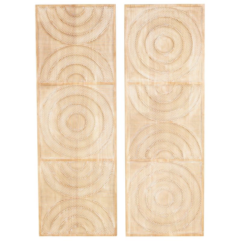 Olivia &#38; May Set of 2 Wood Geometric Carved Panel Arch Wall Decors with White Linear Markings Light Brown, 1 of 8