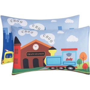 Everyday Kids 2-Pack Standard Pillowcases 20x26” - Soft Breathable Microfiber - Toddler Little Boy Twin/Full Bed - Train Design - 1 of 4