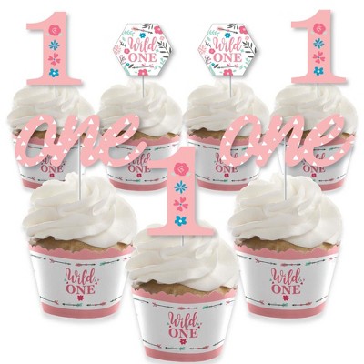 Big Dot of Happiness She's a Wild One - Cupcake Decoration - Boho Floral 1st Birthday Party Cupcake Wrappers and Treat Picks Kit - Set of 24