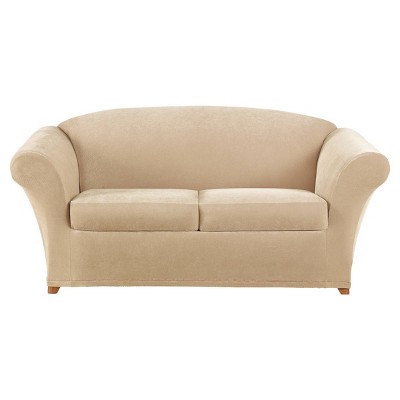 3pc Stretch Pique Loveseat Slipcovers Cream - Sure Fit: Polyester & Spandex, Machine Washable, Indoor Use