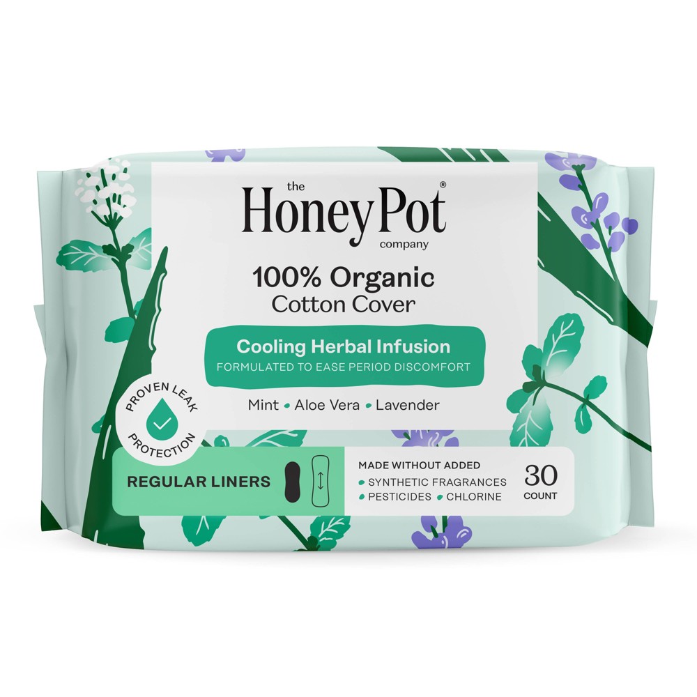 Honey Pot 100% Organic Cotton Cover Cooling Herbal Infusion Regular Liners - 30 ct