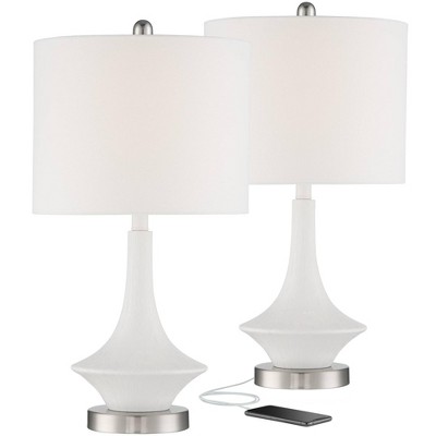 360 Lighting Mid Century Modern Table Lamps 24.5" High Set of 2 with USB Charging Port White Drum Shade Living Room Bedroom Bedside Office