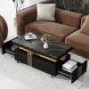 Lirago Rectangle Coffee Table Faux Marble Top Gold Metal Bars Caster Wheels Spacious Drawers Modern Luxury Cocktail Table Living Room Black - 3 of 4