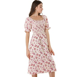 Allegra K Women's Cottagecore Floral Square Neck Puff Sleeves Summer Midi Smocked Dress - 1 of 4