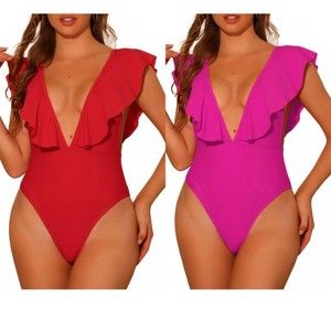 INSPIRE CHIC Women's V Neck Ruffled High Cut Tummy Control Monokini Swimwear Bathing Suit One Piece 2 Sets - 1 of 4