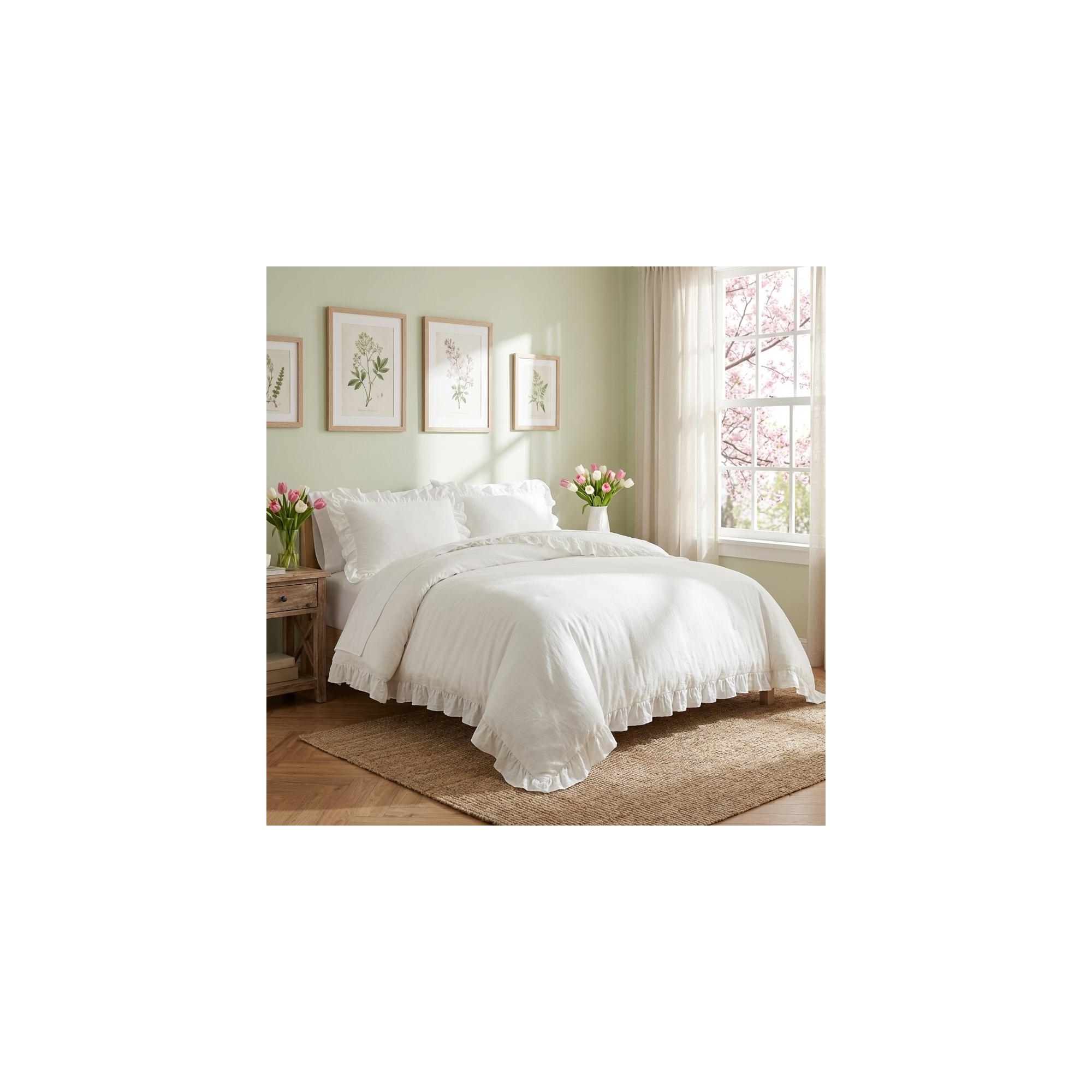 Ruffled Comforter Set & Sham Set Queen, Soft Microfiber Fabric Bedding Set for Bedroom Home Decor, White