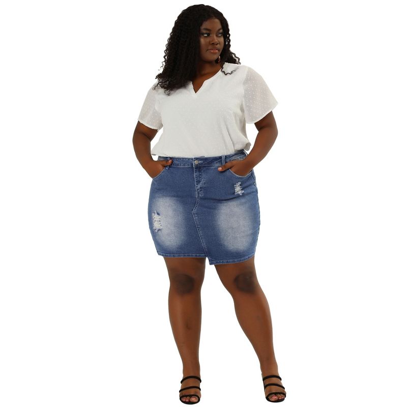 Agnes Orinda Women's Plus Size Ripped Slash Pocket Frayed Hem Denim Bodycon Skirt, 3 of 7