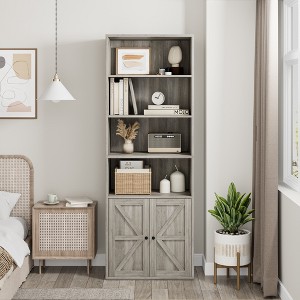 71.4 Inch High Bookcase, Farmhouse Bookcase with Doors and Open Shelves, 6-Tier Freestanding Wooden Bookcase for Living Room, Bedroom, Office - 1 of 4