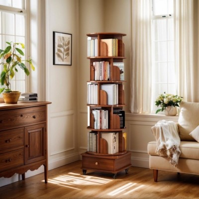 6-Tier Modular 360° Rotating Corner Bookshelf with Wheels, Round Freestanding Bookcase for Bedroom, Living Room, or Study Room – The Pop Home