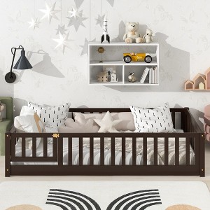 Twin Size Floor Bed with Safety Guardrails, Fence and Door - 1 of 4