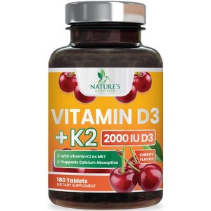 Vitamin D3 with K2 Supplement - High Potency Vitamin D Complex, Chewable - 180 Tablets By Nature's Nutrition - 1 of 4