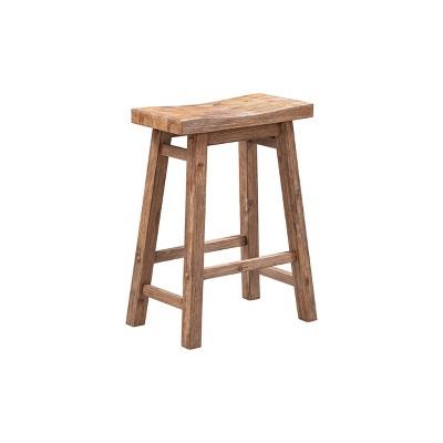 Rustic Acacia Wood Saddle Counter Stools, Barnwood Wire-Brush - Set of 2