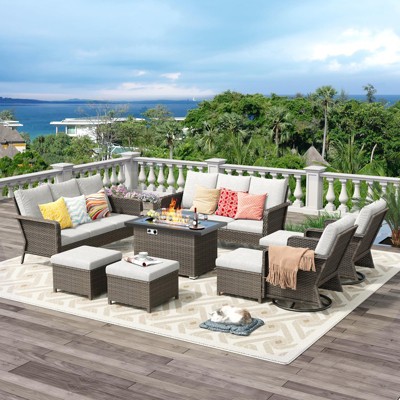 Brafab 9 Peices Outdoor Patio Furniture Set with 44" Gas Fire Pit Table and Swivel Rocking Chairs Conversation Sets with 4.3" Cushion