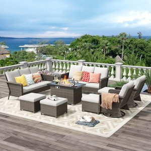 Brafab 9 Peices Outdoor Patio Furniture Set with 44" Gas Fire Pit Table and Swivel Rocking Chairs Conversation Sets with 4.3" Cushion - 1 of 4