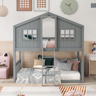 NicBex Twin over Twin Bunk Bed Roof Shape Loft Bed Pine Bed Frame with 2 Windows, Inclined Ladder and Guardrail, No Box Spring Required