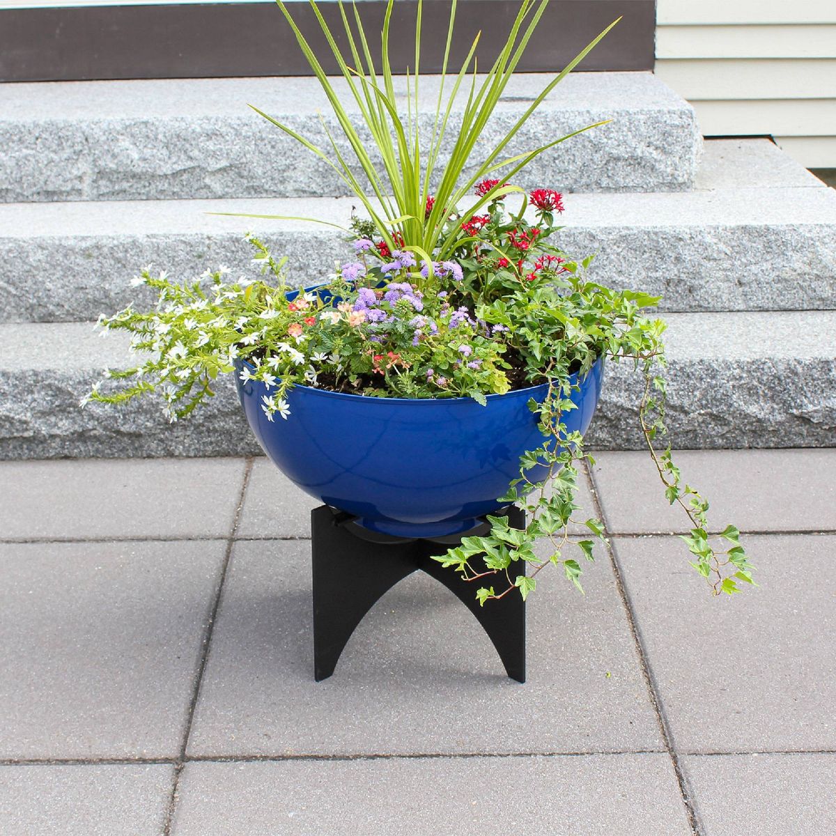 ACHLA Designs 20" Wide Planter Bowl Galvanized Steel with Black Wrought Iron Norma Plant Stand French Blue - thumbnail 4