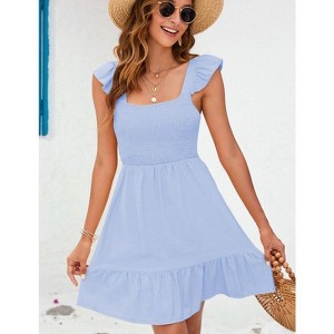 Coolmee Women Boho Casual Chest Smocked Square Neck Back Tie Elegant Tiered Ruffle Shoulder Mini Dress - 1 of 4