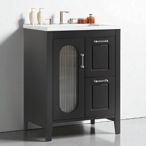 24" Bathroom Vanity with Ceramic Sink, Moru Glass Cabinet, Two Drawers, Adjustable Shelf, Solid Wood & MDF Construction for Small Bathrooms - 1 of 4