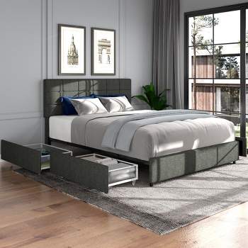 Velvet Upholstered Platform Bed with 4 Drawers of Storage, Adjustable Height Headboard, Metal Frame And Legs